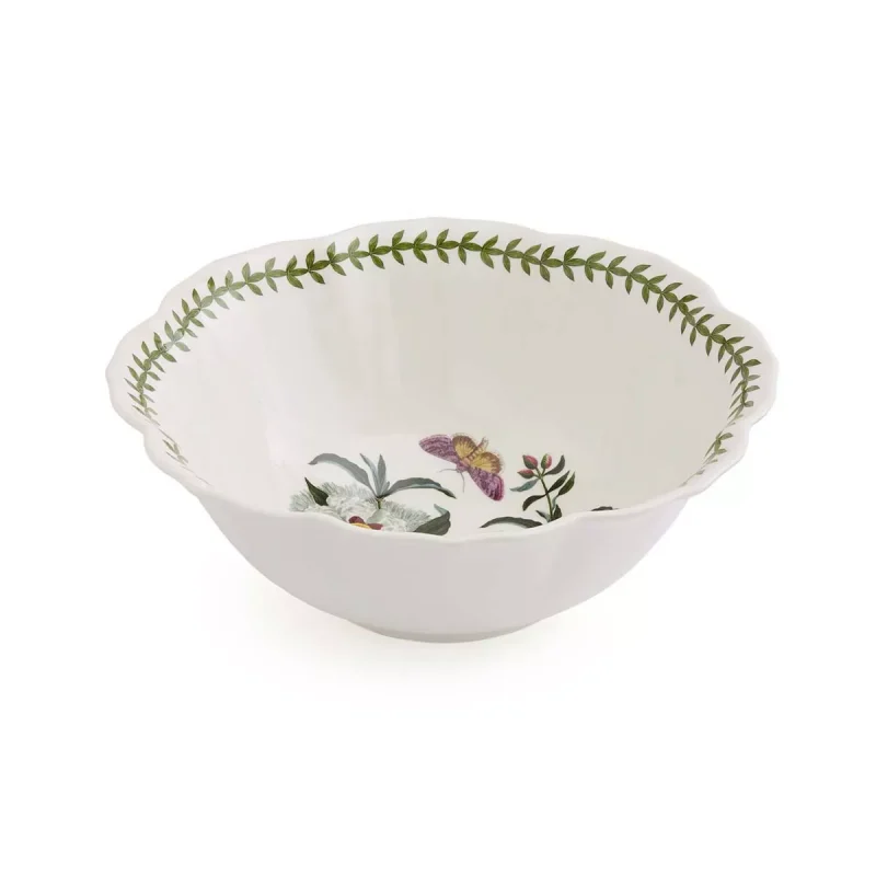 Botanic Garden Lotus Blossom Salad Bowl - Lotus Flower Shape, Spanish Gum Design with Butterflies - 10.5" Porcelain Dish